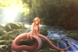 Rule 34 | 1girl, absurdres, anna o renko, bare arms, blush, breasts, day, forest, full body, hair between eyes, hair ornament, hairclip, highres, huge filesize, lamia, landscape, lips, long hair, looking at viewer, miia (monster musume), monster girl, monster musume no iru nichijou, moss, nature, navel, nipples, nude, outdoors, photo (medium), photo background, plant, pointy ears, red hair, rock, scales, scenery, sitting, sitting on object, sitting on rock, slit pupils, snake tail, solo, sunlight, tail, water, waterfall, yellow eyes