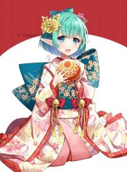 Rule 34 | 1girl, :d, alternate costume, aqua hair, ball, bell, blue eyes, blush, bow-shaped hair, commentary request, commission, floral print, flower, hair between eyes, hair flower, hair ornament, highres, holding, holding ball, japanese clothes, jingle bell, kimono, looking at viewer, maou no hajimekata, nekozuki yuki, obi, open mouth, pointy ears, print kimono, red background, red flower, sash, seiza, shal (maou no hajimekata), signature, sitting, skeb commission, smile, solo, temari ball, two-tone background, watermark, white background, white kimono, yellow flower