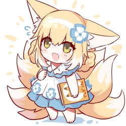 Rule 34 | 1girl, :d, ^^^, animal ear fluff, animal ears, arknights, barefoot, blonde hair, blush stickers, book, braid, chibi, commentary request, dress, flower, fox ears, fox girl, fox tail, green eyes, hair flower, hair ornament, hairband, hand on own chest, hand up, holding, holding book, looking at viewer, multicolored hair, multiple tails, nicole (lion), open mouth, smile, solo, standing, sundress, suzuran (arknights), tail, two-tone hair, white background, white dress, white hair, white hairband