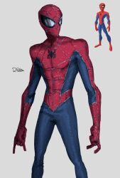 Rule 34 | 1boy, absurdres, bodysuit, highres, long arms, male focus, marvel, mask, red bodysuit, rxzarx, signature, simple background, solo, spider-man, spider-man (series), standing, the spectacular spider-man