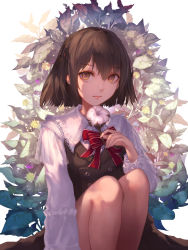 Rule 34 | 1girl, bad id, bad pixiv id, blush, brown eyes, brown hair, closed mouth, flower, highres, holding, holding flower, jname, long sleeves, looking at viewer, original, short hair, solo