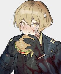 Rule 34 | 1boy, bandage on face, bandaged head, bandaged neck, bandages, black gloves, black necktie, black vest, blonde hair, blood, blood on clothes, blood on face, blue jacket, blush, burger, chewing, closed mouth, colored eyelashes, commentary request, food, gloves, highres, holding, holding food, jacket, korean commentary, limbus company, long sleeves, looking at viewer, male focus, mewwwert, necktie, open clothes, open jacket, project moon, shirt, short hair, simple background, sinclair (project moon), solo, vest, white background, yellow eyes, yellow shirt