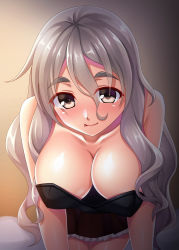 Rule 34 | 1girl, :p, absurdres, bare shoulders, blanket, blush, breasts, brown eyes, collarbone, corset, grey hair, hair between eyes, highres, indoors, kantai collection, large breasts, lips, miniskirt, pola (kancolle), red skirt, ruin re birth, skirt, thick eyebrows, tongue, tongue out, wavy hair