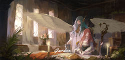 Rule 34 | 2girls, blue eyes, blue hair, book, breasts, candle, candlestand, capelet, choker, cleavage, closed mouth, coat, commentary, corset, dress, flower, flower pot, grey dress, hair ornament, hands on lap, highres, holding, holding staff, indoors, leaf, long hair, looking at viewer, medium breasts, multiple girls, off shoulder, original, parted bangs, plant, red hair, sitting, staff, standing, upper body, white coat, wings, xinuo223, yellow eyes