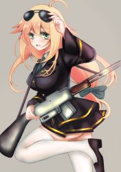 Rule 34 | 1girl, aviator sunglasses, bad id, bad pixiv id, black footwear, black skirt, blazer, blonde hair, bow, browning automatic rifle, cowboy shot, eyewear on head, girls&#039; frontline, glasses, green bow, green eyes, green necktie, grey background, gun, hair bow, highres, infantry pin, jacket, long hair, looking at viewer, low-tied long hair, m1918 (girls&#039; frontline), machine gun, military, military uniform, necktie, sheepd, shoes, skirt, smile, solo, standing, standing on one leg, sunglasses, thighhighs, uniform, weapon, white thighhighs