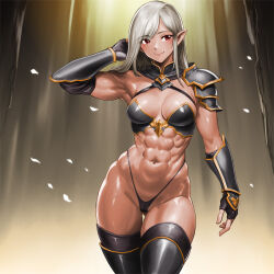 Rule 34 | 1girl, abs, arm at side, arm guards, armor, bikini, bikini armor, bikini bottom only, black bikini, black footwear, black gloves, black thighhighs, blush, boots, breasts, closed mouth, commentary request, cowboy shot, dark-skinned female, dark elf, dark skin, elbow gloves, elf, falling petals, fingerless gloves, gloves, gluteal fold, grey hair, highleg, highleg bikini, highres, looking at viewer, medium breasts, medium hair, micro bikini, minamoto80486, navel, original, paid reward available, pauldrons, petals, pointy ears, red eyes, rerebrace, shoulder armor, single pauldron, smile, solo, stomach, string bikini, swept bangs, swimsuit, thigh boots, thigh gap, thighhighs, thighhighs under boots, toned