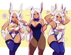 Rule 34 | 1girl, alternate costume, anger vein, animal ears, blushyspicy, boku no hero academia, bow, bowtie, breasts, cleavage, commentary request, dark-skinned female, dark skin, detached collar, heattech leotard, large breasts, leotard, long hair, looking at viewer, mirko, muscular, muscular female, notice lines, pantyhose, playboy bunny, rabbit ears, rabbit girl, rabbit pose, rabbit tail, red eyes, tail, thighhighs, torn clothes, torn legwear, turtleneck, white hair