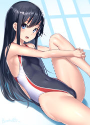 Rule 34 | 1girl, alternate costume, asashio (kancolle), bare arms, bare legs, bare shoulders, black hair, blue eyes, blush, bosshi, breasts, cameltoe, cleft of venus, collarbone, competition swimsuit, covered erect nipples, covered navel, highleg, highleg swimsuit, highres, interlocked fingers, kantai collection, leg up, long hair, looking at viewer, lying, one-piece swimsuit, open mouth, own hands together, small breasts, smile, solo, swimsuit