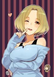 Rule 34 | 1girl, ;d, absurdres, blonde hair, blue sweater, brown eyes, character request, collarbone, hair intakes, heart, highres, index finger raised, long sleeves, momoyama hinase, off-shoulder sweater, off shoulder, one eye closed, open mouth, outline, school girl strikers, short hair, sleeves past wrists, smile, solo, straight hair, striped, striped background, sweater, upper body