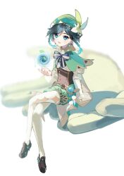 Rule 34 | 1boy, beret, black hair, blue eyes, blue hair, braid, brooch, brown footwear, cape, collared cape, corset, flower, frilled sleeves, frills, genshin impact, gradient hair, green cape, green hat, green shorts, hat, hat flower, highres, honkai (series), honkai impact 3rd, jewelry, loafers, male focus, moai on, multicolored hair, open mouth, pantyhose, shoes, short hair with long locks, shorts, sitting, smile, solo, twin braids, venti (genshin impact), vision (genshin impact), white flower