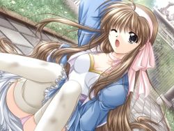 Rule 34 | 1girl, absurdly long hair, ahoge, arm up, breasts, brown hair, charlotte verlaine, cleavage, collarbone, corset, dirty, dirty clothes, dress, dutch angle, ebenbourg no kaze, fallen down, game cg, grass, hairband, headband, knees together feet apart, long hair, medium breasts, one eye closed, open mouth, panties, pink panties, purple eyes, sidelocks, sitting, solo, tareme, thighhighs, tongue, tripping, underwear, very long hair, white thighhighs, wince, wink, yamamoto kazue