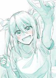 Rule 34 | 10s, 1girl, alternate costume, aqua theme, blush, breasts, electric plug, electrical outlet, fang, hair between eyes, hair over shoulder, hair ribbon, highres, jewelry, kantai collection, long hair, looking at viewer, monochrome, multiple monochrome, open mouth, reaching, reaching towards viewer, ribbon, ring, shirt, short sleeves, sidelocks, smile, solo, t-shirt, teeth, tone (kancolle), twintails, upper body, v, wedding band, yami (m31)