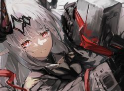 Rule 34 | 1girl, arknights, black gloves, dora waku2, gloves, hair ornament, hammer, highres, holding, holding hammer, holding weapon, horns, long hair, long sleeves, looking at viewer, mudrock (arknights), parted lips, pointy ears, red eyes, silver hair, solo, upper body, weapon