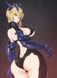 Rule 34 | 1girl, areola slip, artoria pendragon (fate), artoria pendragon (lancer alter) (fate), ass, back, backless outfit, blonde hair, breasts, butt crack, covered erect nipples, cowboy shot, fate/grand order, fate (series), from behind, gauntlets, hair between eyes, headgear, large breasts, leotard, looking at viewer, looking back, nandz, parted lips, revealing clothes, shiny skin, short hair, skin tight, smile, solo, standing, thighs, underboob, wedgie, yellow eyes