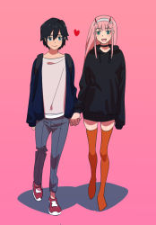Rule 34 | 10s, 1boy, 1girl, :d, bad id, bad pixiv id, belt, black hair, black sweater, blue eyes, commentary request, couple, darling in the franxx, fringe trim, green eyes, grey pants, hair ornament, hairband, heart, hetero, hiro (darling in the franxx), holding hands, hood, hooded sweater, horns, kf 19960116, long hair, long sleeves, no shoes, no socks, oni horns, open mouth, pants, pink hair, red footwear, red horns, red thighhighs, shirt, short hair, sleeves past wrists, smile, sweater, thighhighs, thighs, white hairband, white shirt, zero two (darling in the franxx)
