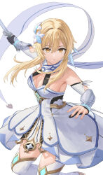 Rule 34 | 1girl, absurdres, arm up, bare shoulders, black gloves, blonde hair, breasts, cleavage, closed mouth, commentary, dress, expressionless, feather hair ornament, feathers, floating hair, flower, foreshortening, genshin impact, gloves, hair between eyes, hair flower, hair ornament, highres, holding, holding sword, holding weapon, leg up, lily (flower), looking at viewer, lumine (genshin impact), medium breasts, partially fingerless gloves, scarf, short hair with long locks, sidelocks, signature, sleeveless, sleeveless dress, solo, sword, thighhighs, thighs, weapon, white dress, white flower, white scarf, white thighhighs, wrist guards, yellow eyes, yubis