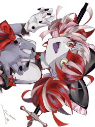 Rule 34 | 1girl, ayatsuki sou, black nails, claw pose, colored skin, double bun, grey hair, grey skin, hair bun, heterochromia, highres, hololive, hololive indonesia, kureiji ollie, nail polish, pink hair, red eyes, red hair, solo, stitched face, stitched torso, stitches, sword, upper body, virtual youtuber, weapon, white background, wrist cuffs, yellow eyes, zombie