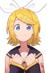 Rule 34 | 1girl, black sailor collar, blonde hair, blue eyes, bow, clenched hands, closed mouth, collarbone, commentary, detached sleeves, hair bow, hair ornament, hairclip, hands up, highres, kagamine rin, lace, lace-trimmed shirt, lace trim, looking at viewer, medium hair, mirlo2hu, neckerchief, number tattoo, sailor collar, shirt, shoulder tattoo, simple background, sleeveless, sleeveless shirt, smile, solo, split mouth, straight hair, swept bangs, tattoo, treble clef, upper body, vocaloid, white background, white bow, white shirt, yellow neckerchief