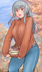 Rule 34 | 00s, 1girl, autumn, breasts, casual, corn, denim, eggplant, food, jeans, large breasts, mushroom, aged up, pants, pink eyes, potato, rozen maiden, silver hair, solo, suigintou, sweater, tsuda nanafushi, vegetable