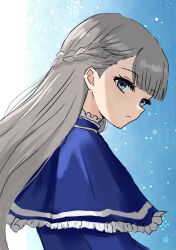 Rule 34 | 1girl, absurdres, blue background, blue capelet, blue eyes, blunt bangs, braid, capelet, closed mouth, commentary, expressionless, french braid, from side, gradient background, grey hair, highres, lawine (sousou no frieren), long hair, looking at viewer, looking to the side, simple background, solo, sousou no frieren, upper body, white background, yuurururun