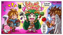 Rule 34 | 1girl, ahoge, angel, angel wings, apron, carrot, chain, champion&#039;s tunic (zelda), chef hat, cooking mama, diadem, dress, eggplant, forehead jewel, gold chain, green eyes, green hair, hat, heart, highres, holding, holding ladle, kid icarus, kid icarus uprising, kirby, kirby (series), ladle, laurel crown, link, long hair, nintendo, open mouth, palutena, pit (kid icarus), smile, stoic seraphim, super smash bros., the legend of zelda, the legend of zelda: breath of the wild, tomato, wings