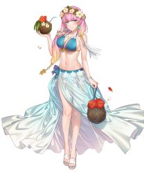 Rule 34 | 1girl, bare arms, bikini, blonde hair, blue eyes, blue nails, breasts, cleavage, coconut, drinking straw, earrings, feet, female focus, fire emblem, fire emblem heroes, flower, food, fruit, fruit cup, full body, gradient hair, gunnthra (fire emblem), hair flower, hair ornament, highres, jewelry, kippu, large breasts, long hair, multicolored hair, nail polish, navel, nintendo, official art, pink hair, sandals, sideboob, solo, standing, stomach, swimsuit, toeless footwear, toenail polish, toenails, toes, transparent background, white footwear