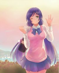 Rule 34 | 10s, 1girl, bag, bow, bowtie, breasts, grey eyes, hair ornament, hairclip, highres, inuko (redconstellation), large breasts, long hair, looking at viewer, love live!, love live! school idol project, low twintails, pleated skirt, purple hair, school bag, school uniform, skirt, smile, solo, sweater vest, tojo nozomi, twintails, very long hair, waving