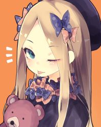 Rule 34 | 1girl, ;&lt;, ;p, abigail williams (fate), black dress, black hat, blonde hair, blue eyes, bow, bug, butterfly, dress, fate/grand order, fate (series), hair bow, hands in opposite sleeves, hat, highres, hugging object, insect, long sleeves, looking at viewer, one eye closed, orange background, orange bow, parted bangs, polka dot, polka dot bow, purple bow, shiabisu, simple background, solo, stuffed animal, stuffed toy, teddy bear, tongue, tongue out
