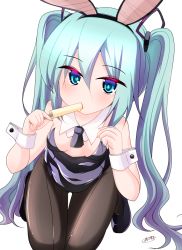 Rule 34 | 1girl, animal ear hairband, animal ears, bare shoulders, black footwear, black hairband, black leotard, blue eyes, blue hair, breasts, collar, commentary request, detached collar, eating, fake animal ears, food, from above, hair between eyes, hairband, hatsune miku, holding, holding food, ice cream, kanijiru, leotard, long hair, looking at viewer, looking up, pantyhose, playboy bunny, rabbit ear hairband, rabbit ears, shoes, signature, simple background, small breasts, solo, strapless, strapless leotard, twintails, very long hair, vocaloid, white background, white collar, wing collar, wrist cuffs