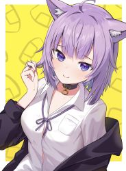 Rule 34 | 1girl, ahoge, animal ear fluff, animal ears, black jacket, blush, breasts, cat ears, cat girl, choker, closed mouth, collared shirt, commentary request, hand up, highres, holding, holding hair, hololive, jacket, looking at viewer, medium breasts, medium hair, neck ribbon, nekomata okayu, nekomata okayu (oversized shirt), off shoulder, official alternate costume, open clothes, open jacket, purple eyes, purple hair, purple ribbon, ribbon, ruka tou, shirt, simple background, smile, solo, upper body, virtual youtuber, white shirt