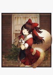 Rule 34 | 1girl, player character (mabinogi), baiguiyu, black eyes, blush, bow, brown hair, coat, commentary, fur trim, hair bow, leaf, light smile, looking at viewer, mabinogi, mittens, open clothes, open coat, parted lips, red bow, red coat, red skirt, sack, santa costume, short sleeves, skirt, solo, standing, white bow, window