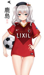 Rule 34 | 10s, 1girl, ad, ball, beret, blue eyes, blush, bow, collarbone, emblem, half-closed eyes, hand on own hip, hat, hat bow, highres, j. league, jersey, kantai collection, kashima (kancolle), kashima antlers, looking at viewer, name connection, nike (company), no pants, panties, short sleeves, silver hair, simple background, soccer, soccer ball, soccer uniform, solo, sportswear, squiggle, standing, star (symbol), telstar, thigh gap, two side up, underwear, white background, white panties, y.ssanoha