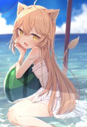 Rule 34 | 1girl, absurdres, ahoge, animal ear fluff, animal ears, ball, bare arms, bare shoulders, beachball, blue sky, blurry, blurry background, brown hair, cloud, commentary request, day, depth of field, dress, frilled dress, frills, hair between eyes, highres, horizon, indie virtual youtuber, lion ears, lion girl, lion tail, long hair, ocean, okota mikan, outdoors, rurudo lion, rurudo lion (1st costume), shallow water, sky, sleeveless, sleeveless dress, solo, strap slip, tail, very long hair, virtual youtuber, water, watermelon beachball, white dress, yellow eyes