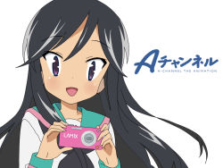 Rule 34 | 1girl, :d, a channel, black hair, camera, collarbone, copyright name, dot nose, female focus, holding, holding camera, long hair, looking at viewer, nickname, nishi yuuko, open mouth, purple eyes, school uniform, serafuku, simple background, smile, solo, tsurime, upper body, white background