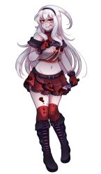 Rule 34 | 1girl, blood, blood on clothes, blood on face, blood on leg, bloody knife, blush, boots, buckle, chanpotei, crop top, full body, gloves, grin, groin, hairband, high collar, highres, holding, holding knife, kneehighs, knife, lace, lace-trimmed skirt, lace trim, long hair, messy hair, midriff, navel, off-shoulder shirt, off shoulder, pleated skirt, red eyes, redesign, shaded face, shirt, skirt, smile, socks, solo, standing, standing on one leg, sukone tei, turtleneck, utau, very long hair, white hair
