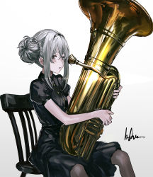 Rule 34 | 1girl, black dress, black hairband, black pantyhose, blush, blush stickers, breasts, buttons, chair, double bun, dress, g11 (girls&#039; frontline), girls&#039; frontline, hair between eyes, hair bun, hairband, highres, holding, holding instrument, infukun, instrument, long hair, looking at viewer, open mouth, pantyhose, short sleeves, sidelocks, signature, silver hair, sitting, small breasts, solo, tuba