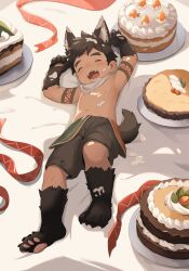 Rule 34 | 1boy, acnhiti, animal ears, animal hands, arm tattoo, bed sheet, birthday cake, brown hair, brown shorts, cake, commentary, english commentary, food, food focus, full body, highres, kemonomimi mode, male focus, navel, open mouth, original, short hair, shorts, solo, tail, tattoo, wolf boy, wolf ears, wolf tail