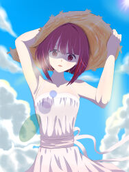 Rule 34 | 1girl, absurdres, arima kana, arm up, armpits, arms up, bare shoulders, blue sky, bob cut, cloud, dress, hat, highres, holding, holding clothes, holding hat, inverted bob, lens flare, leo3920759, looking at viewer, oshi no ko, parted lips, red eyes, red hair, short hair, sky, solo, spaghetti strap, straw hat, sun hat, sundress, white dress