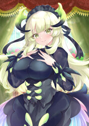 Rule 34 | 1girl, black dress, blonde hair, blush, breasts, chamber dragonmaid, commentary request, curtains, dragon girl, dragon horns, dragon wings, dress, duel monster, feathered wings, green eyes, hand on own chest, hands up, highres, hinata momo, horns, large breasts, long hair, looking at viewer, maid, maid headdress, nail polish, sidelocks, smile, solo, wings, yu-gi-oh!