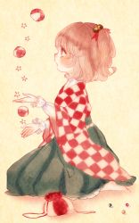 Rule 34 | 1girl, barefoot, bell, blush, checkered clothes, checkered shirt, feet, frills, from side, full body, hair bell, hair ornament, highres, japanese clothes, juggling, kimono, marble (toy), motoori kosuzu, orange eyes, orange hair, pouch, profile, shirt, short hair, simple background, sitting, solo, touhou, yujup