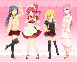 Rule 34 | 4girls, apron, black hair, black legwear, blonde hair, blue eyes, blush, boots, casual, dress, heart, heart hands, high heels, long hair, maid, maid apron, maid headdress, mary janes, multiple girls, open mouth, original, pink hair, ponytail, purple eyes, red eyes, red hair, shoes, skirt, smile, thighhighs, twintails, yellow eyes, zettai ryouiki, zpolice