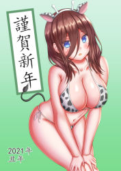 Rule 34 | 1girl, 2021, animal ears, animal print, bare arms, bent over, blue eyes, blush, breasts, brown hair, chinese zodiac, cleavage, collarbone, cow ears, cow horns, cow print, cow tail, cowboy shot, dutch angle, fake animal ears, fake horns, fake tail, go-toubun no hanayome, green background, hair between eyes, hands on own knees, happy new year, highres, horns, large breasts, leaning forward, long hair, looking at viewer, nabeshiita (atsuryoku nabe), nakano miku, navel, new year, open mouth, simple background, skindentation, solo, tail, thighs, year of the ox