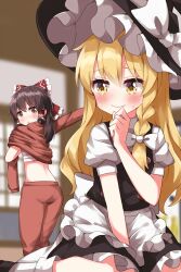 Rule 34 | 2girls, alternate costume, apron, blonde hair, blush, bow, braid, chest sarashi, closed mouth, commentary request, dressing, frilled bow, frilled hair tubes, frills, hair bow, hair tubes, hakurei reimu, hat, hat bow, highres, kirisame marisa, long hair, long sleeves, multiple girls, open mouth, puffy short sleeves, puffy sleeves, ruu (tksymkw), sarashi, short sleeves, side braid, single braid, sitting, sweat, touhou, waist apron, wariza, white bow, witch hat, yellow eyes