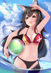 Rule 34 | 1girl, absurdres, animal ear fluff, animal ears, ball, bare shoulders, beachball, bikini, black hair, blue sky, breasts, carrying, cleavage, day, hair between eyes, hair ornament, hairclip, halterneck, hand on forehead, highres, hilamaru, hololive, in water, long hair, looking at viewer, medium breasts, multicolored hair, navel, ocean, ookami mio, open mouth, outdoors, red bikini, red hair, side-tie bikini bottom, sky, smile, solo, stomach, streaked hair, string bikini, sun, sunlight, swimsuit, tail, virtual youtuber, wading, wolf ears, wolf girl, wolf tail, x hair ornament, yellow eyes