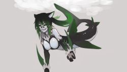 Rule 34 | 1girl, animal ears, bare shoulders, black gloves, black hair, black sclera, breasts, cat ears, colored sclera, colored skin, commentary, elbow gloves, english commentary, fins, fusion, glasses, gloves, gradient hair, green eyes, green hair, grey background, grey skin, grin, hair ornament, hairclip, highres, large breasts, long hair, looking at viewer, mermaid, mershark (monster girl encyclopedia), monster girl, monster girl encyclopedia, monsterification, multicolored hair, original, outstretched arm, paintrfiend, rectangular eyewear, shark girl, sharp teeth, simple background, smile, solo, teeth, tharkis, twintails