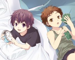 Rule 34 | 2boys, bed, bed sheet, blanket, boxers, briefs, brown eyes, brown hair, card, child, clock, highres, indoors, looking at viewer, male focus, male underwear, multiple boys, oginy, open mouth, pillow, playing card, purple eyes, purple hair, shirt, short hair, shorts, sleeveless, sleeveless shirt, t-shirt, underwear