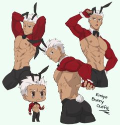Rule 34 | abs, animal ears, archer (fate), ass, ass focus, bara, blue eyes, bow, bowtie, chippendales, danzen, dark-skinned male, dark skin, fate/stay night, fate (series), male focus, male playboy bunny, muscular, muscular male, pectoral cleavage, pectorals, rabbit boy, rabbit ears, rabbit tail, short hair, tail, white hair