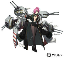 Rule 34 | 1girl, absurdres, azur lane, belt, black footwear, breasts, clipboard, coat, coat on shoulders, commentary request, copyright name, earrings, epaulettes, gloves, green eyes, hair ornament, hairclip, high heels, highres, jewelry, large breasts, logo, long hair, long legs, long sleeves, machinery, military, military uniform, miniskirt, mole, mole under eye, official art, oversized clothes, pantyhose, paper, pen, purple hair, revealing clothes, romana, sideboob, simple background, skirt, solo, sword, trieste (azur lane), turret, uniform, weapon, white background, white gloves