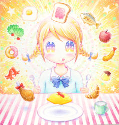 Rule 34 | 1girl, apple, aura, blonde hair, bow, braid, bread, bread slice, chicken (food), chicken leg, croissant, cup, doughnut, egg (food), fish, floating, floating object, food, fork, fried chicken, fruit, hair bow, halo, holding, holding fork, holding spoon, jam, leica, lettuce, looking at viewer, mug, multicolored eyes, omelet, omurice, original, plate, pudding, sausage, shrimp, shrimp tempura, solo, spoon, star (symbol), striped tablecloth, sunny side up egg, tablecloth, tempura, toast, tomato, tongue, tongue out
