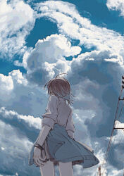 Rule 34 | 1girl, absurdres, asakura toru, blue hair, blue jacket, blue sky, bracelet, brown hair, clothes around waist, cloud, cloud focus, cloudy sky, colored tips, commentary request, cowboy shot, day, earrings, facing away, film grain, floating hair, from behind, from below, grey skirt, hair strand, highres, idolmaster, idolmaster shiny colors, jacket, jacket around waist, jewelry, looking up, multicolored hair, outdoors, pleated skirt, power lines, shirt, short hair, single earring, skirt, sky, sleeves rolled up, solo, tenoo12, utility pole, white shirt